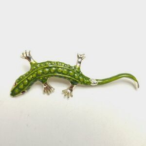 Vintage Green Lizard Brooch, Enamel Rhinestone Eyes, Retro Animal Lapel Pin